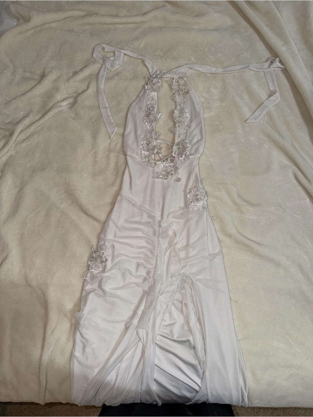 Backless White Floral-Appliqué Halter Dress